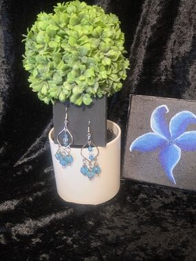 Wire Wrapped Blue Frosted Chandelier Earrings